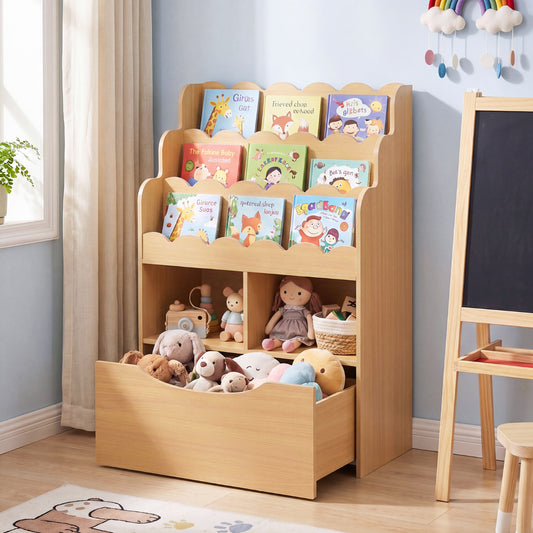Kids 5-Tier Bookcase | Natural Wood Toy Storage with Rolling Drawer