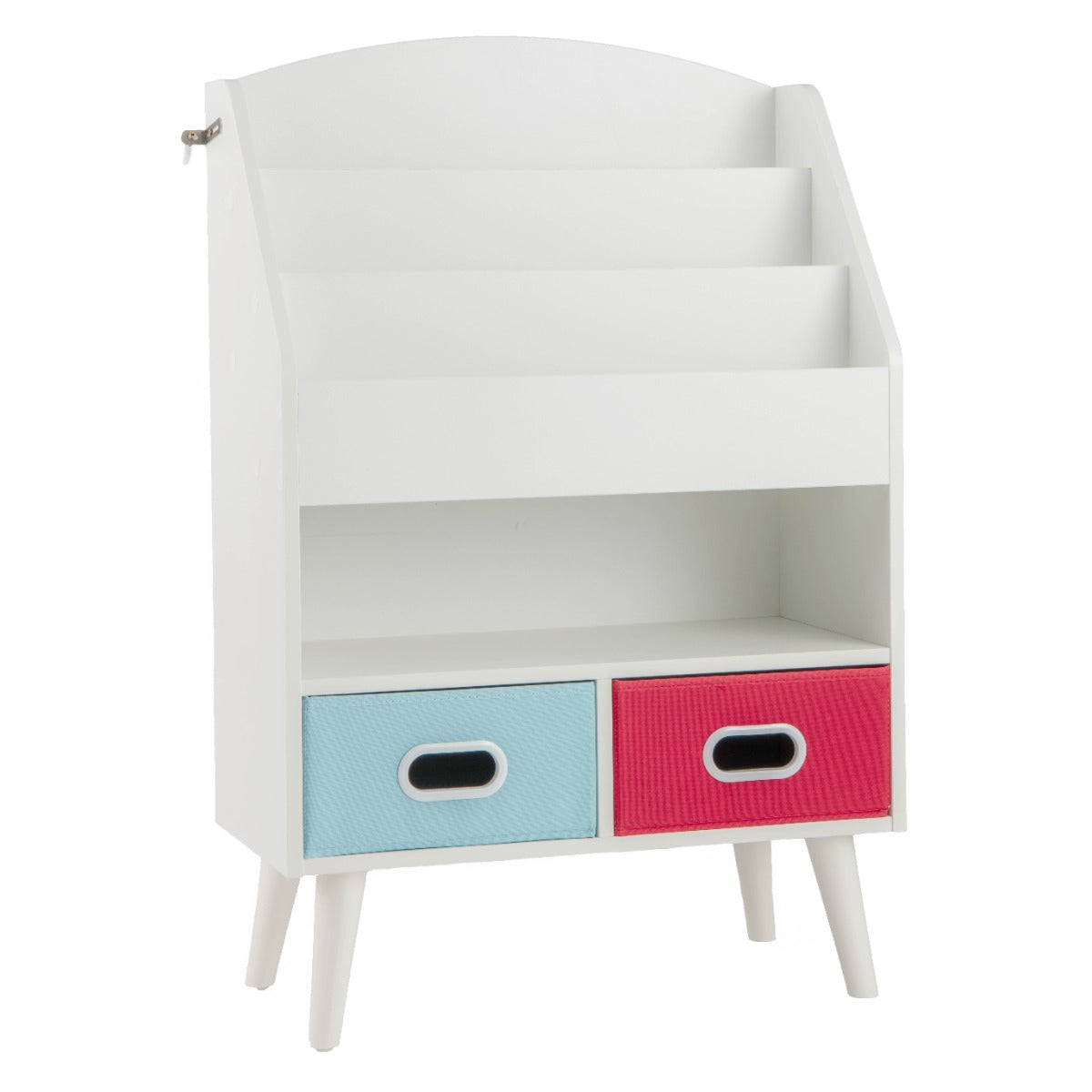 White 3-tier bookshelf with drawers, ideal for organizing kids books and toys.