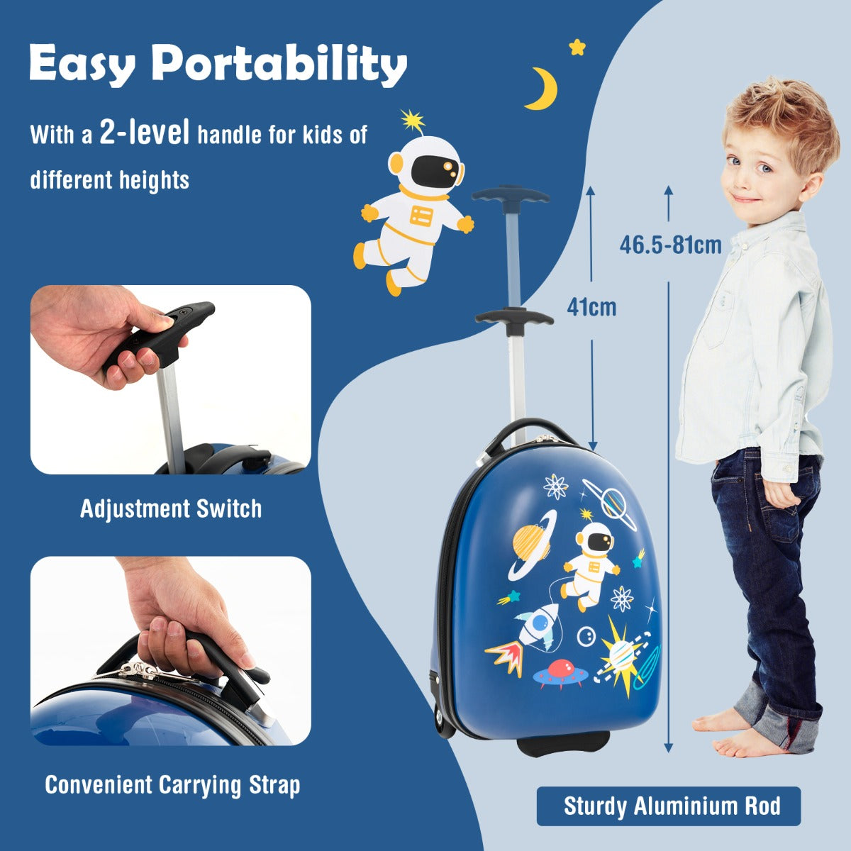 Kids hard shell luggage with cute blue cartoon design, perfect for travel and storage.