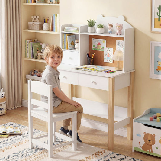 White Study Desk Chair Set with Storage Hutch | Cork Board