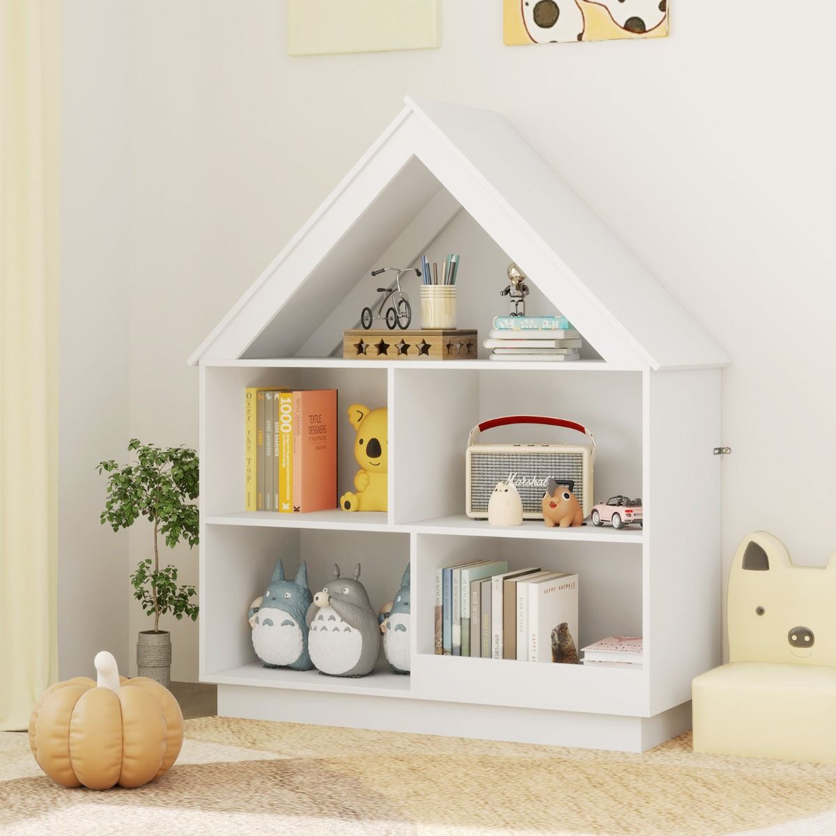 Three-tier white dollhouse bookshelf for kids combines charming storage with playful design, perfect for organizing toys Three-tier white dollhouse bookshelf for kids combines charming storage with playful design, perfect for organizing toys