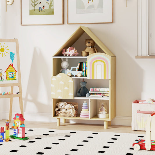 Natural Kids House Bookshelf | 5 Compartments Solid Wood Legs