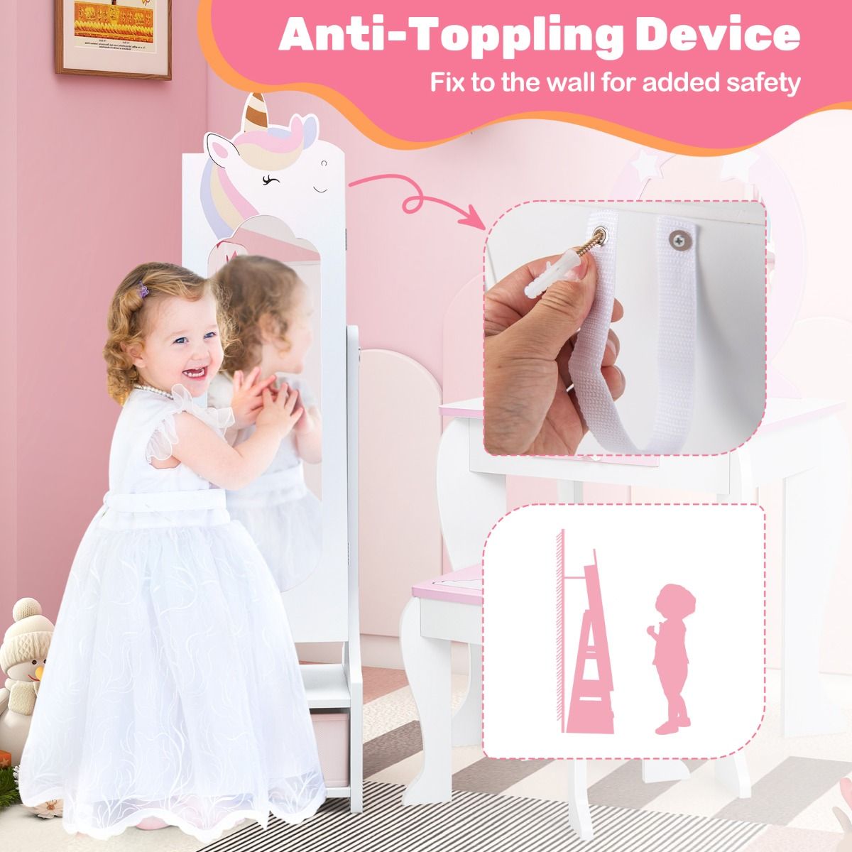 White full-length mirror jewelry cabinet for kids combines storage and style with hidden compartments. White full-length mirror jewelry cabinet for kids combines storage and style with hidden compartments.