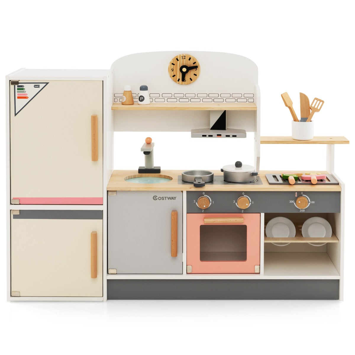Wooden play kitchen set with range hood and accessories for toddlers, enhancing creative play.