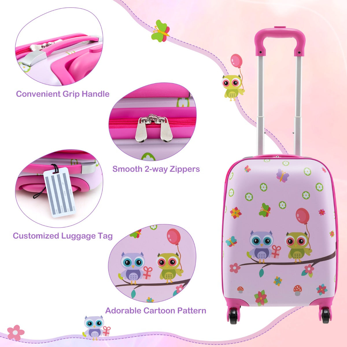 Kids purple 5-piece travel luggage set, including backpack. Durable ABS, perfect for children.