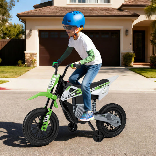 12V Kids Motorcycle Green | Training Wheels & Suspension