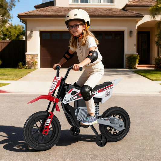 Red 12V Kids Motorcycle | Training Wheels & Spring Suspension