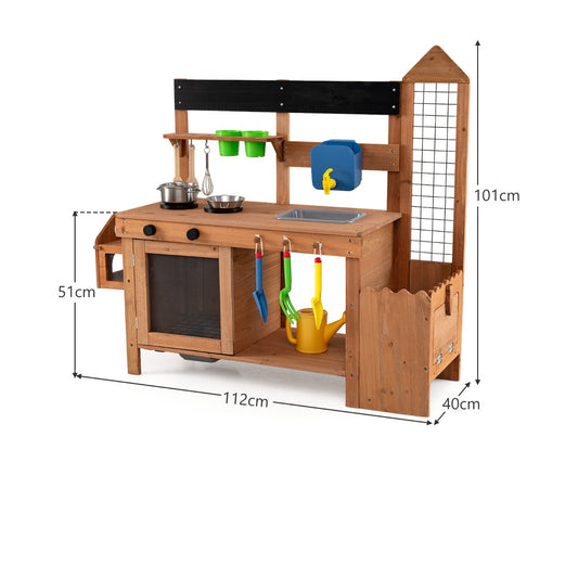 Natural Brown Wood Mud Kitchen | Bird Cage Planter & 2 Sinks