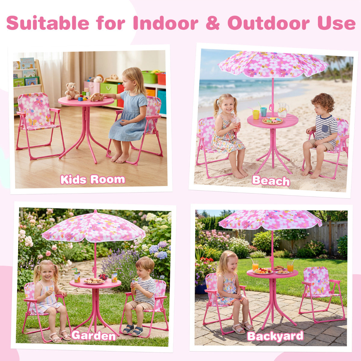 Pink Kids Picnic Table Set | Umbrella 2 Folding Chairs