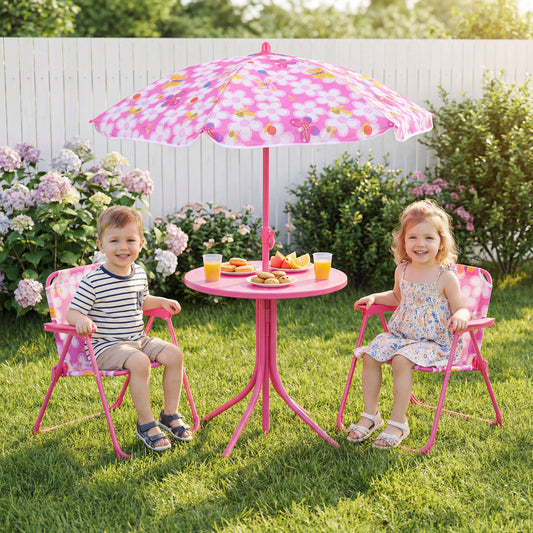 Pink Kids Picnic Table Set | Umbrella 2 Folding Chairs