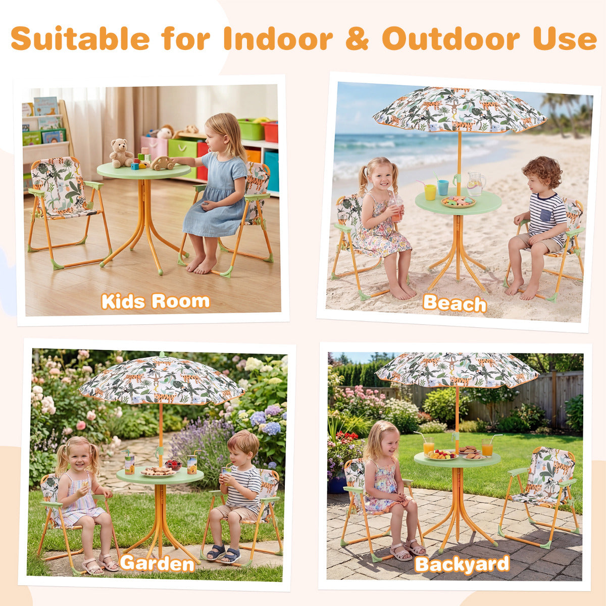 Kids Yellow Picnic Table Set | Umbrella & 2 Folding Chairs