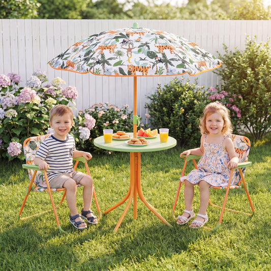 Kids Yellow Picnic Table Set | Umbrella & 2 Folding Chairs