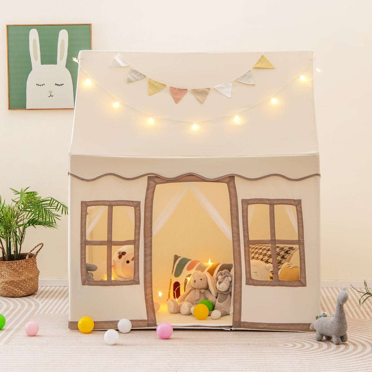 Brown kids play tent with lights and washable mat, perfect for indoor imaginative play. Brown kids play tent with lights and washable mat, perfect for indoor imaginative play.