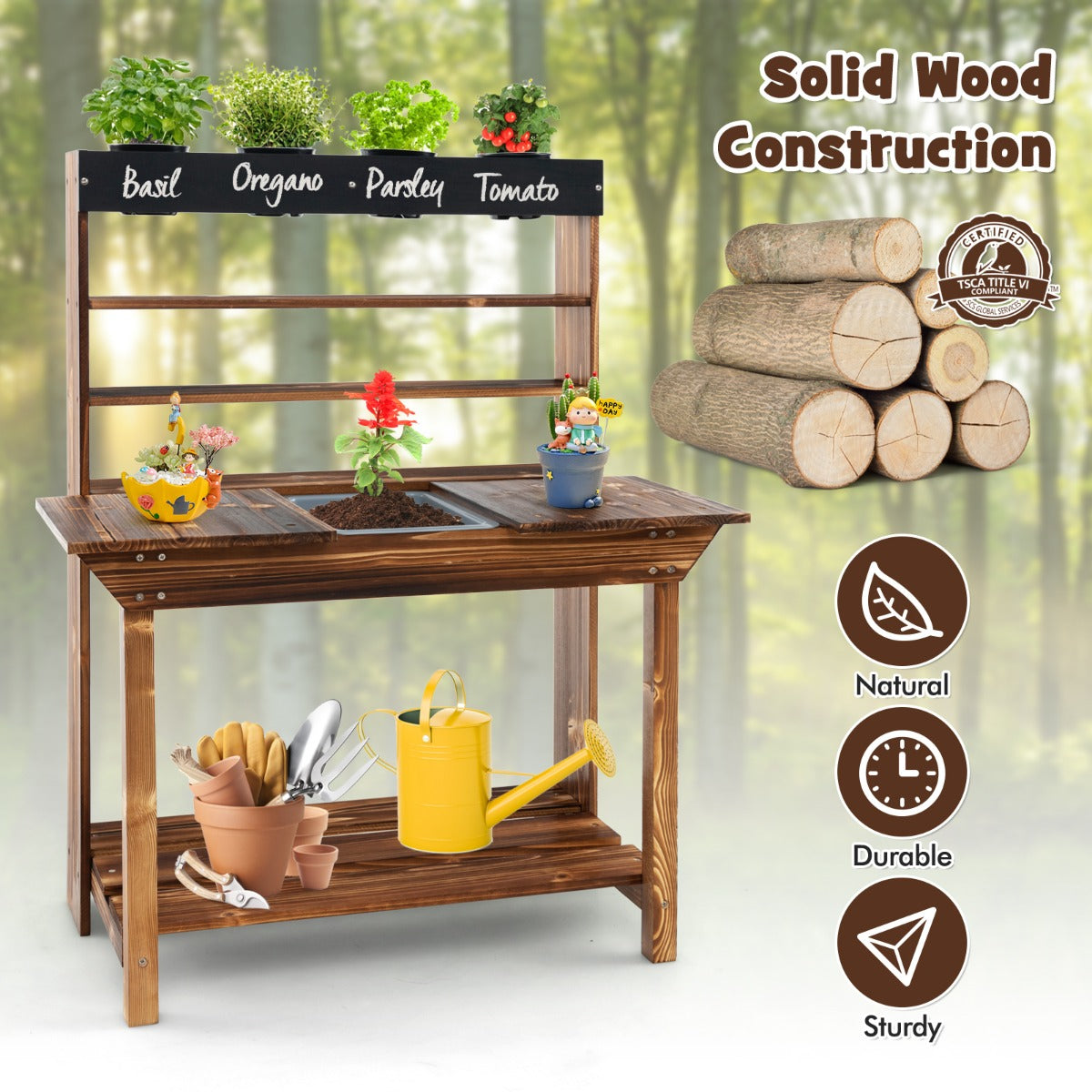 Kids Potting Bench Wooden Toy Gardening Center with 4 Pots