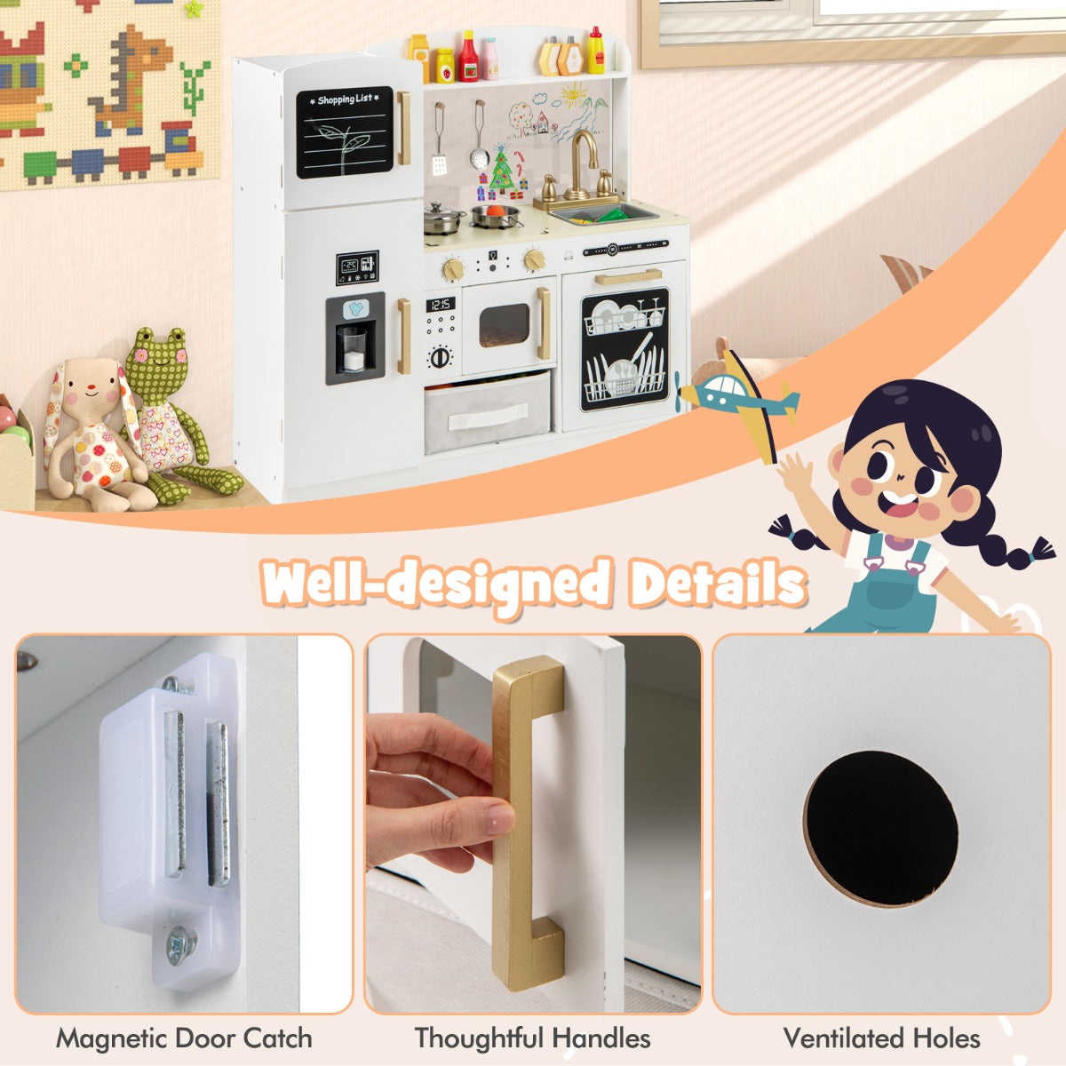 Kids Pretend Kitchen Set | Light Up Microwave | White & Pink Kids Pretend Kitchen Set | Light Up Microwave | White & Pink