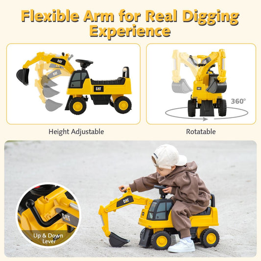 Kids ride-on excavator toy with bucket & horn, perfect for imaginative play at home.