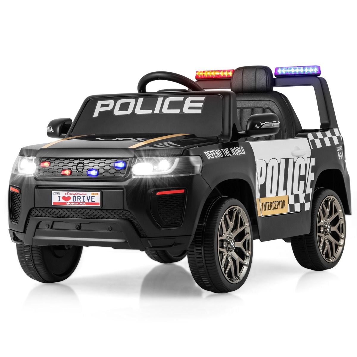 Kids Ride On Police Car Remote Control, 12V Battery Black