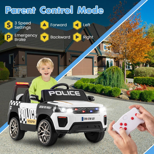 Electric ride-on police car for kids with remote control, offering realistic lights and sounds for imaginative play