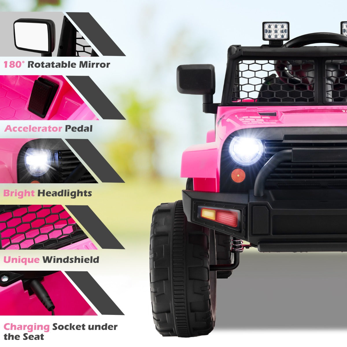 12V Pink ride-on truck with remote control for kids, ideal for fun home adventures.