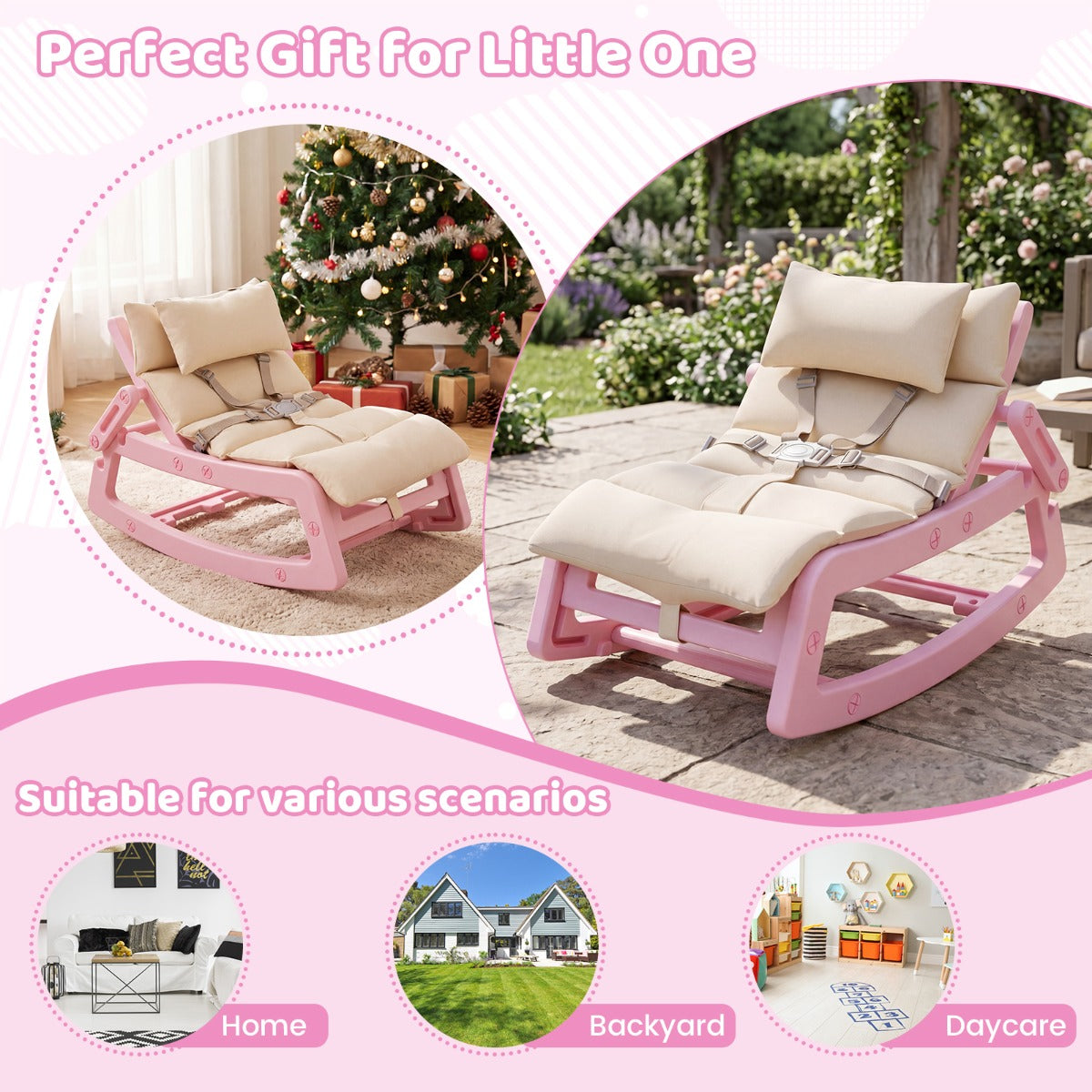 Pink Kids Rocking Chair | Adjustable Backrest & Washable Cushion