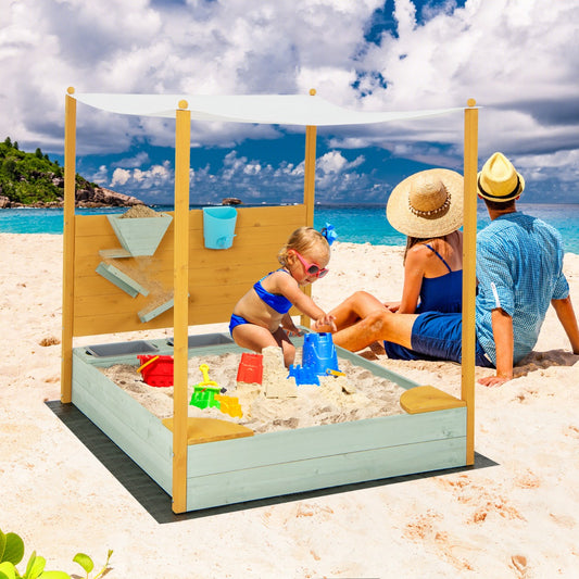 Kids wooden sandbox with canopy and sand wall, ideal for outdoor play and creativity.