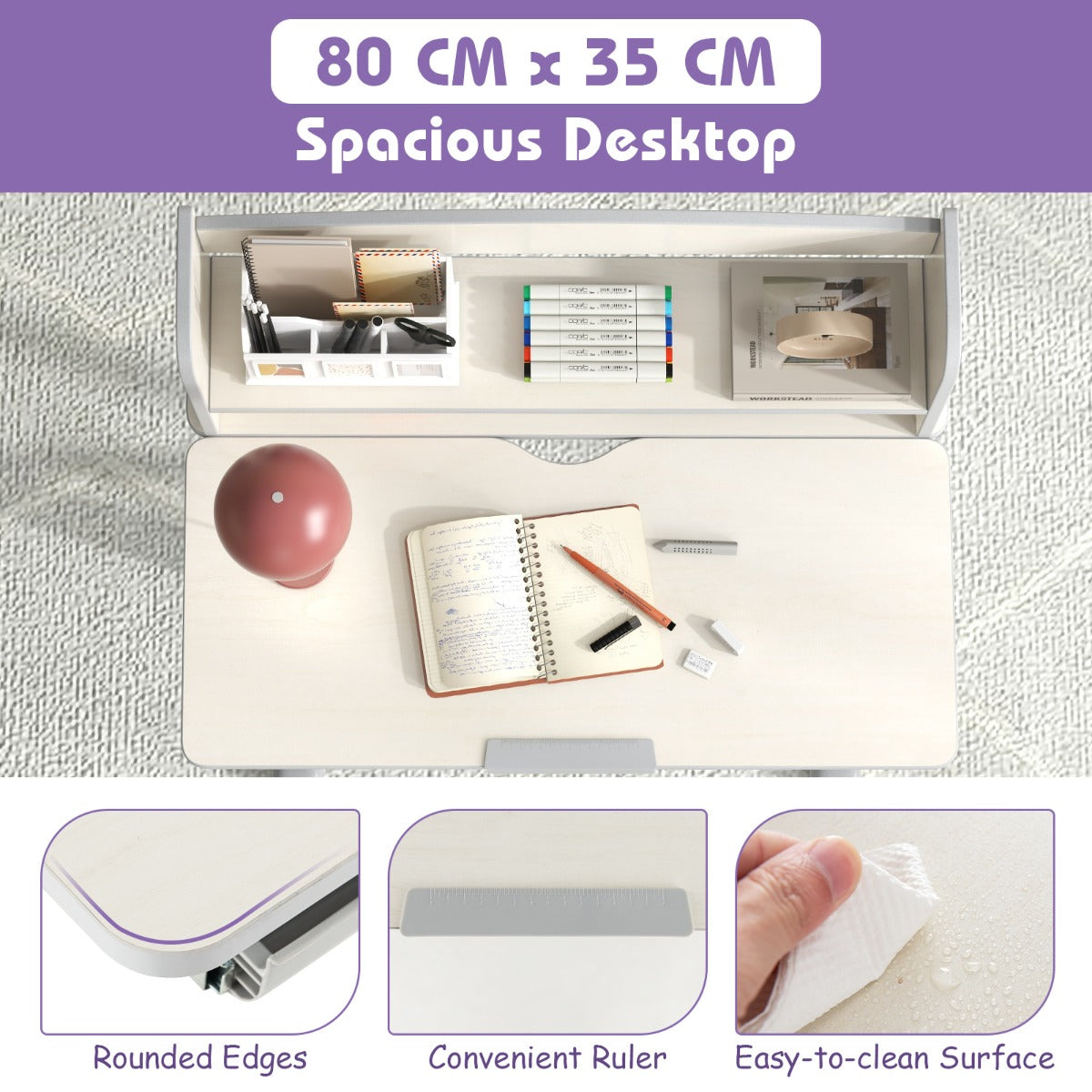 Height-adjustable study desk with storage, perfect for kids aged 3-12. Great for home learning.