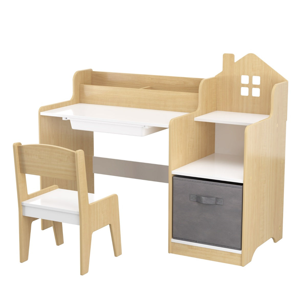 Costway Kids Study Desk and Chair Set with Open Shelves and Drawer-Natural