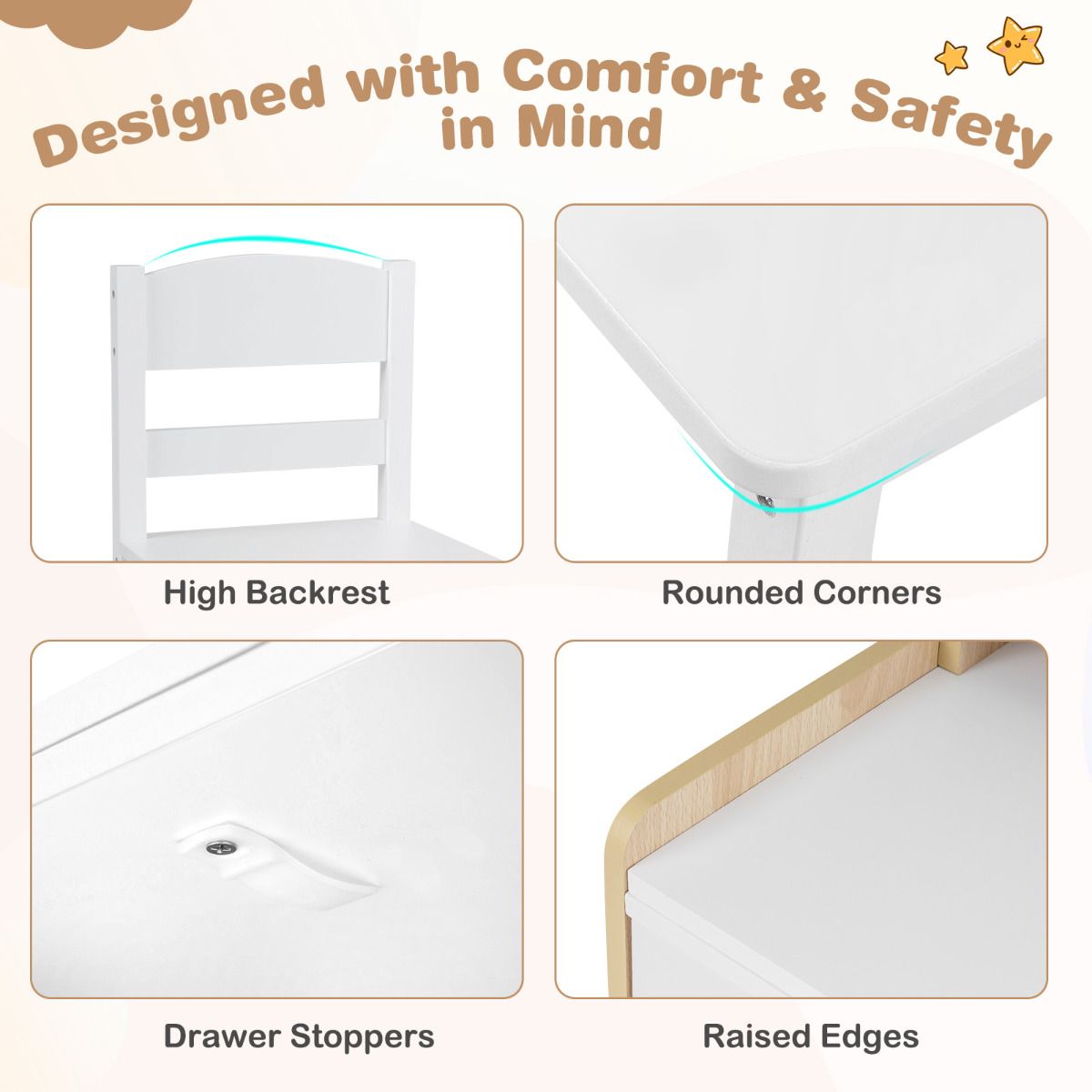 Kids Desk Chair Set Natural White | Hutch Storage Drawers