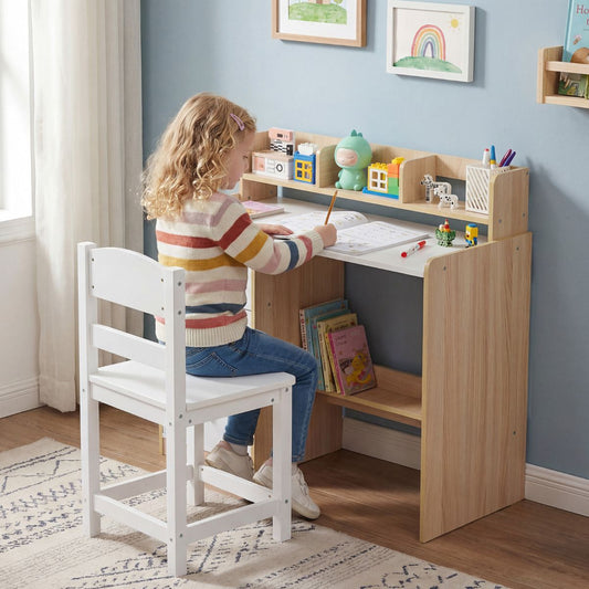 Kids Desk Chair Set Natural White | Hutch Storage Drawers