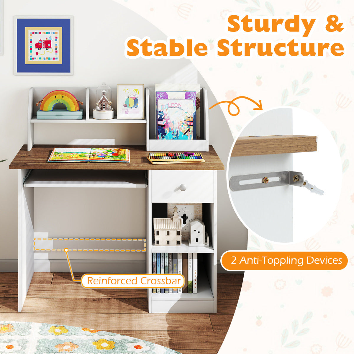 Kids Desk Storage Shelves Keyboard Tray Natural | Kids Mega Mart