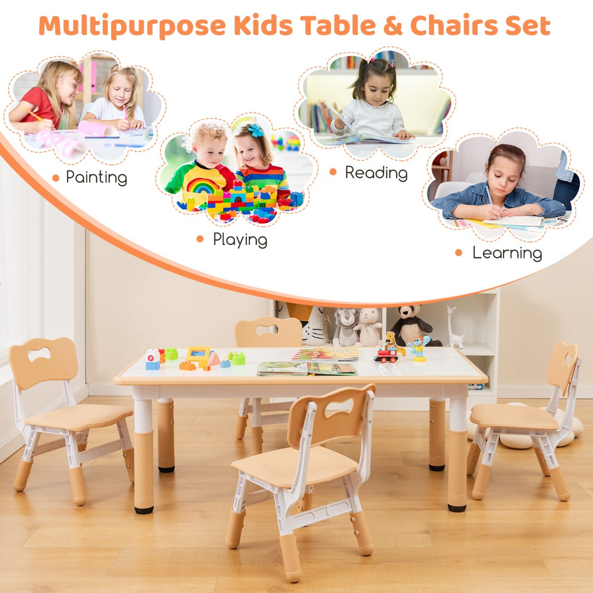 Kids table set with graffiti desktop allows adjustable height for creativity and fun learning. Kids table set with graffiti desktop allows adjustable height for creativity and fun learning.