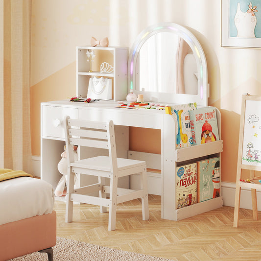 White Kids Vanity Desk | Colorful Lights Princess Makeup Table