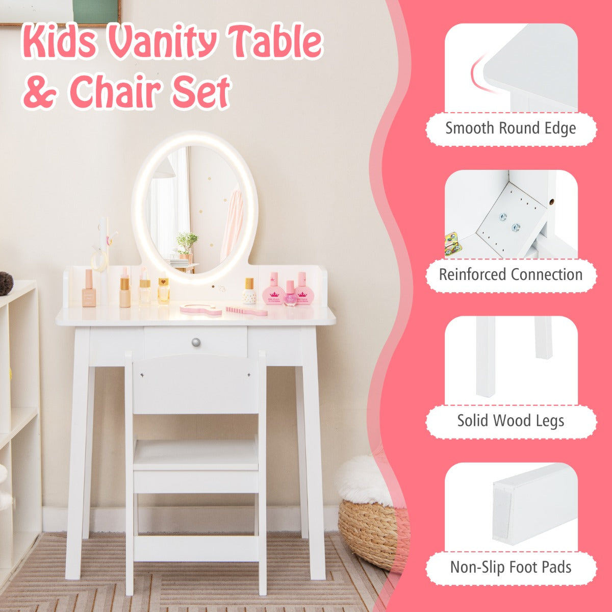 White Kids Vanity Set | LED Mirror & Chair | Large Storage
