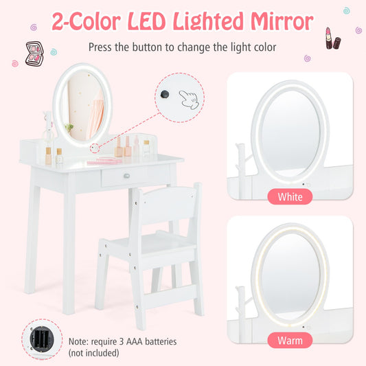 White Kids Vanity Set | LED Mirror & Chair | Large Storage