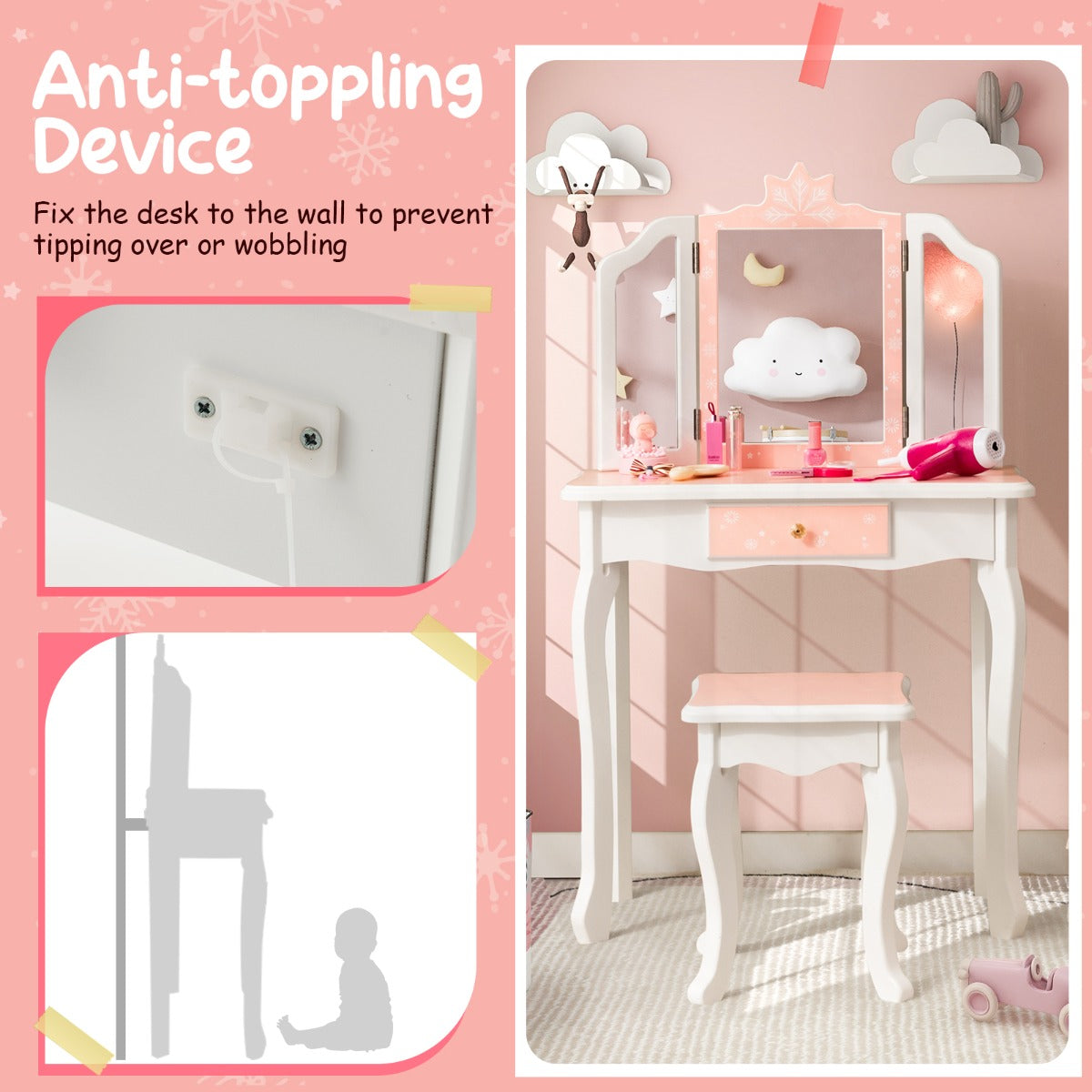 Kids pink princess vanity set with stool and mirror for imaginative play and styling.