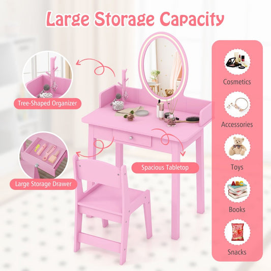 Kids Vanity Set | Pink LED Mirror & Spacious Storage Drawer