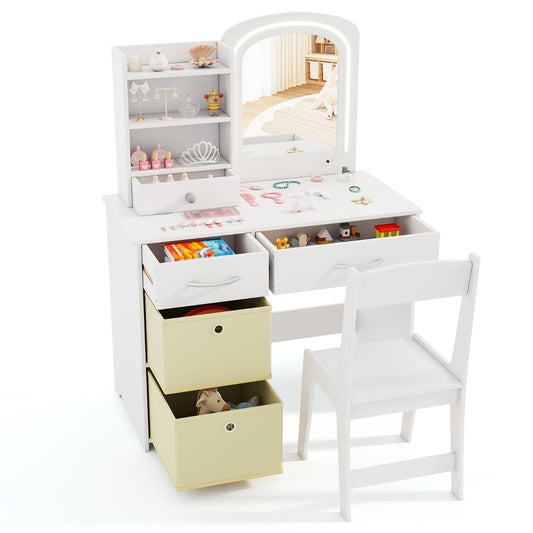 Kids Vanity Set | White Lighted Mirror & Storage Drawers