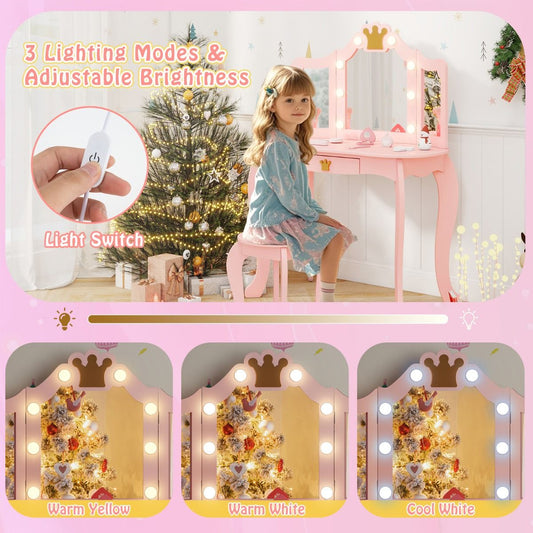 Pink childrens vanity set featuring a 3-color LED mirror and durable construction for a fun, stylish bedroom addition.