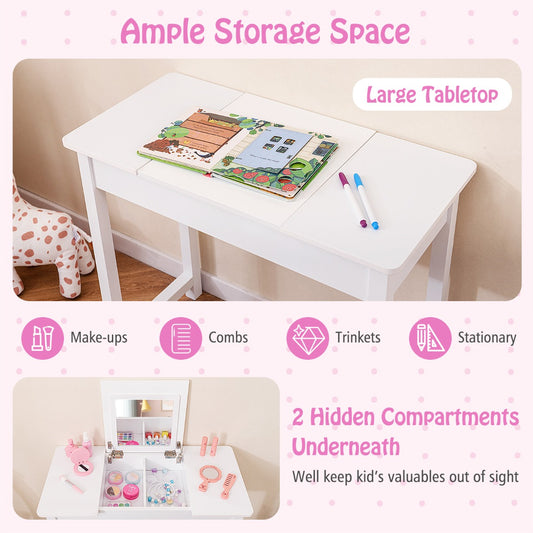 Kids Vanity Set | White Flip-Top Mirror Desk with Storage