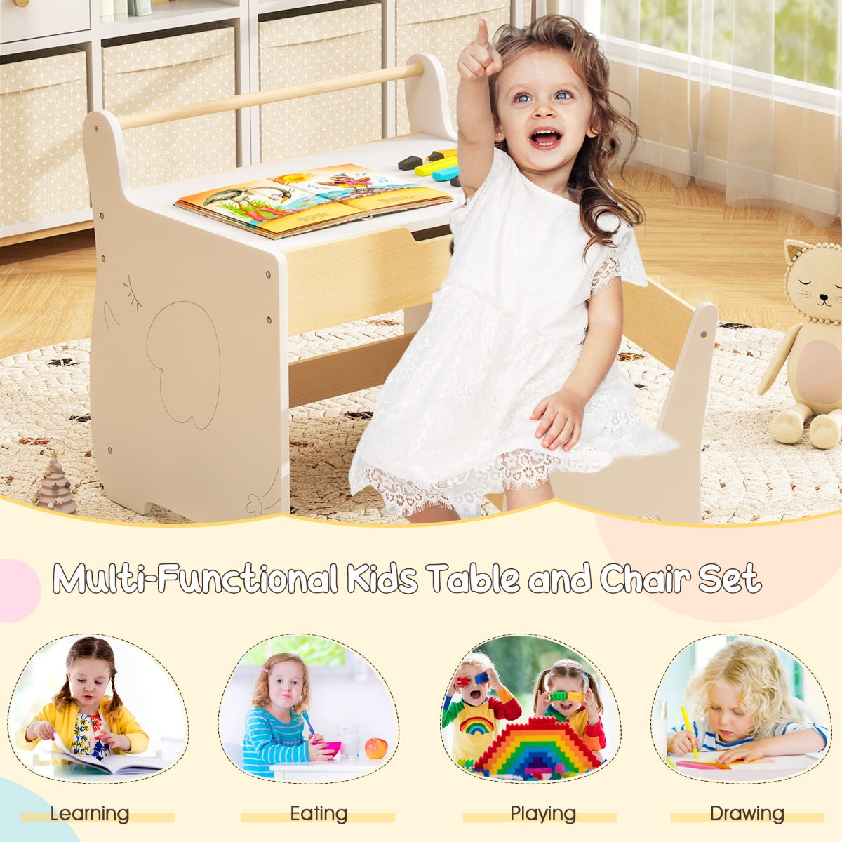3 In 1 White Kids Wood Table Chair Set | Detachable Tabletop