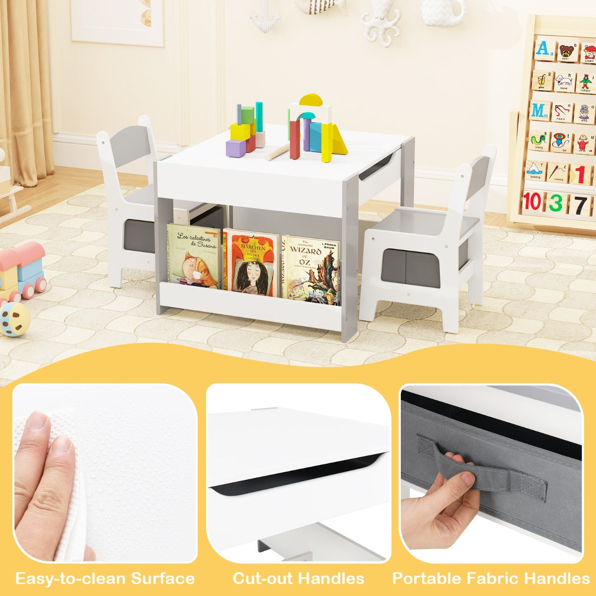 Kids Wooden Activity Table | Grey Dual-Surface & Storage