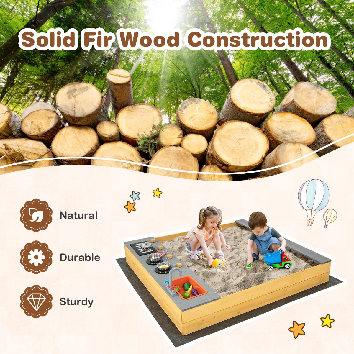 Wooden sandbox with kitchen playset for imaginative outdoor fun, perfect for kids creative play. Wooden sandbox with kitchen playset for imaginative outdoor fun, perfect for kids creative play.
