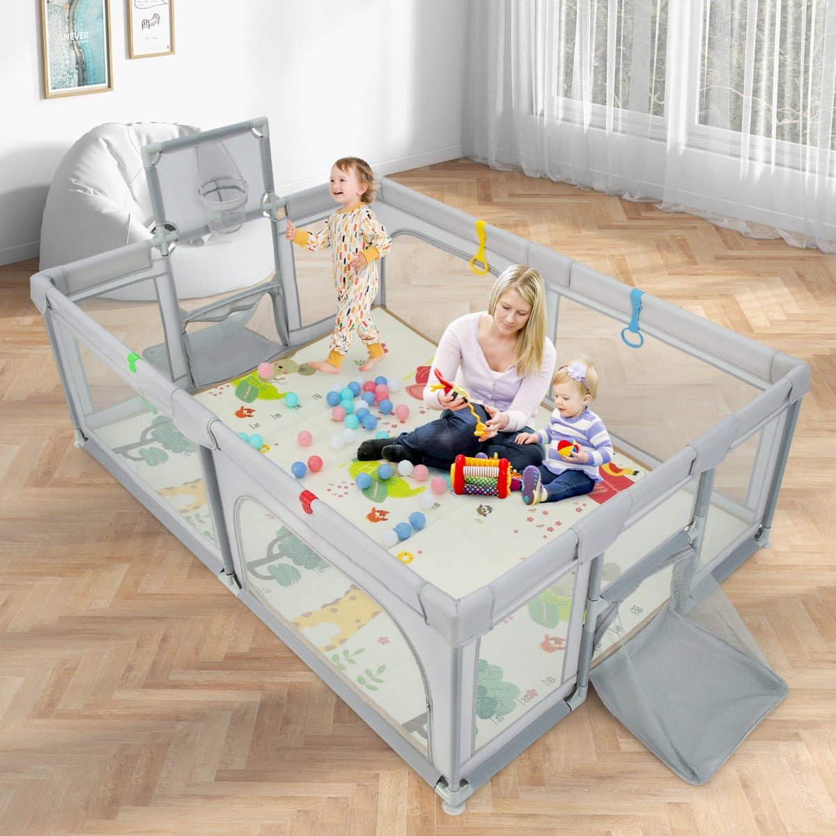 Large Baby Playpen with Mat for Babies and Toddlers-Grey - Kids Mega Mart