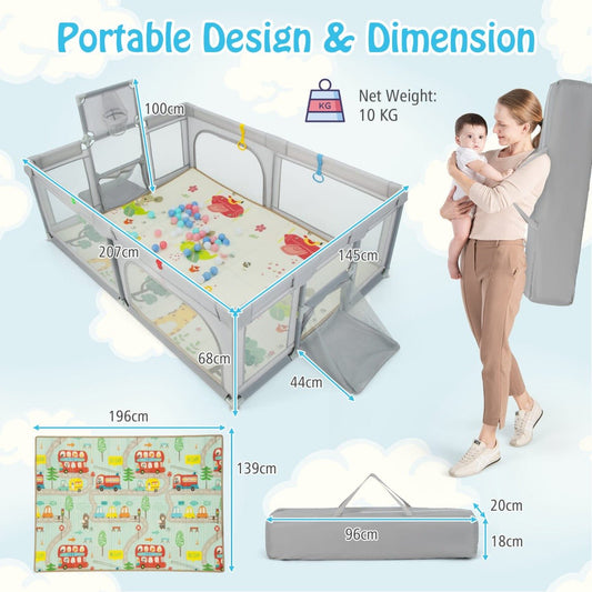 Large grey baby playpen with sports activities, balls, and cushioned mat for safe play.