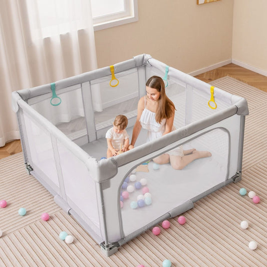 Large Baby Playpen | Spacious Grey Mesh Enclosure with Zipper