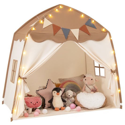 Large Coffee Kids Tent | Bright Fairy Lights & Flags Age 3+