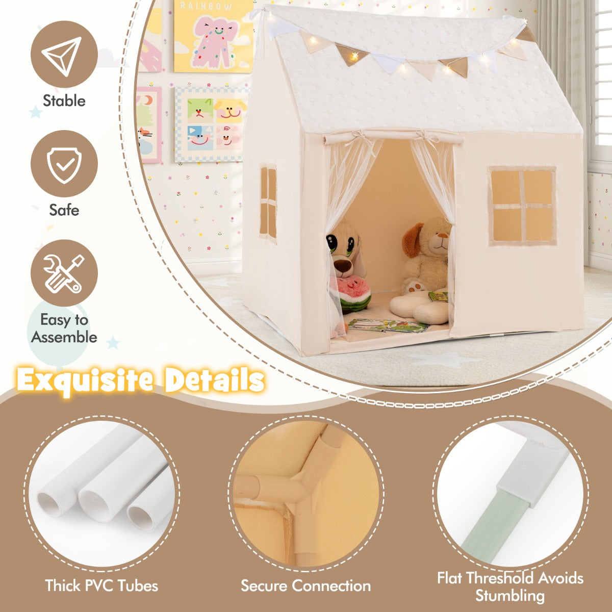 Beige Large Toddler Playhouse | Glow in Dark Stars | Lights