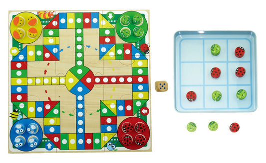 Vintage tin box set with Ludo and Tic Tac Toe games for kids fun at home.