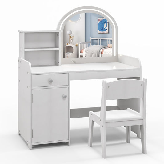 Kids vanity table set with LED lights and mirror - safe play makeup station.