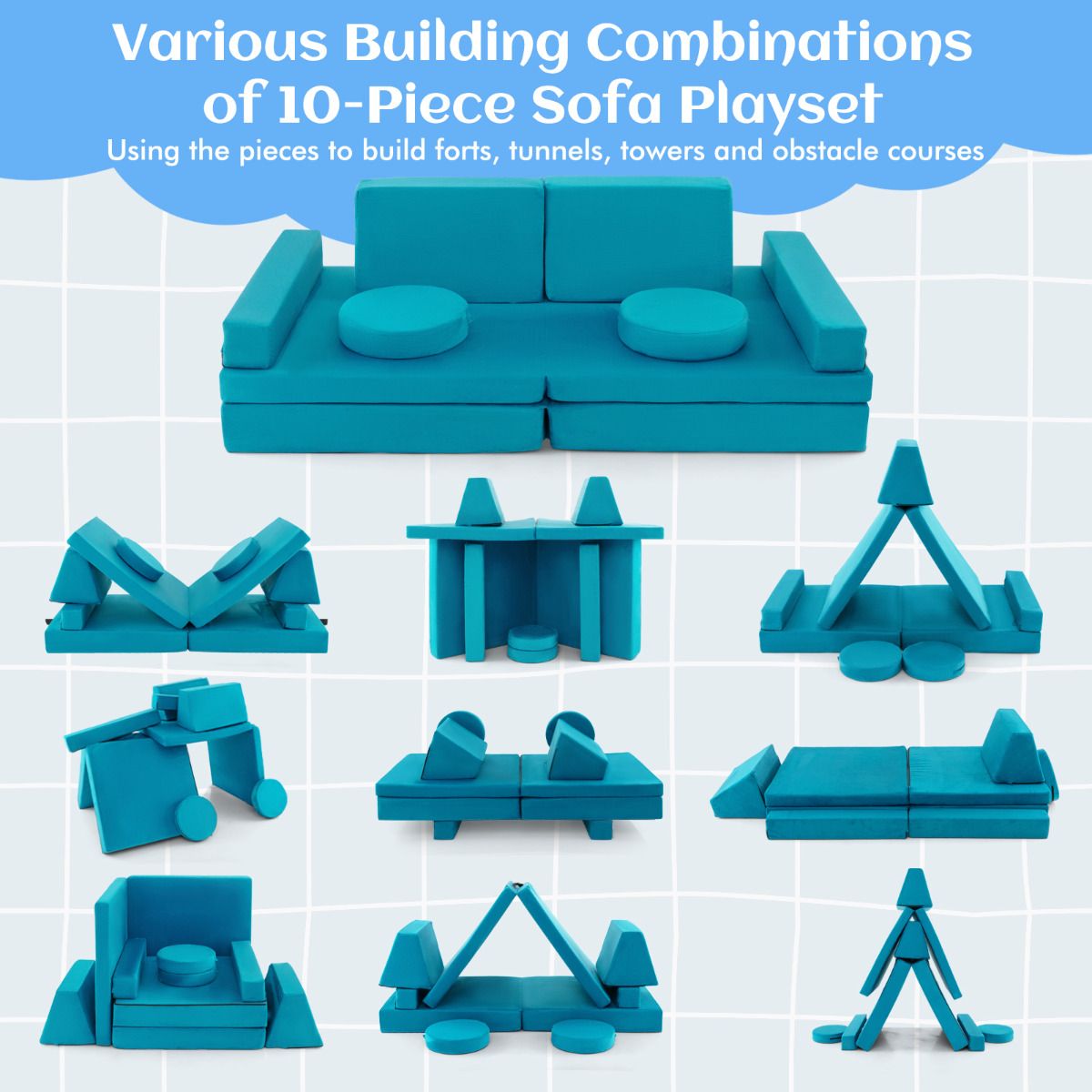 8 Piece Green Foam Sofa | Washable Modular Kids Furniture Set